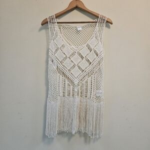 INC International Concepts White Crochet Fringe Tank Top